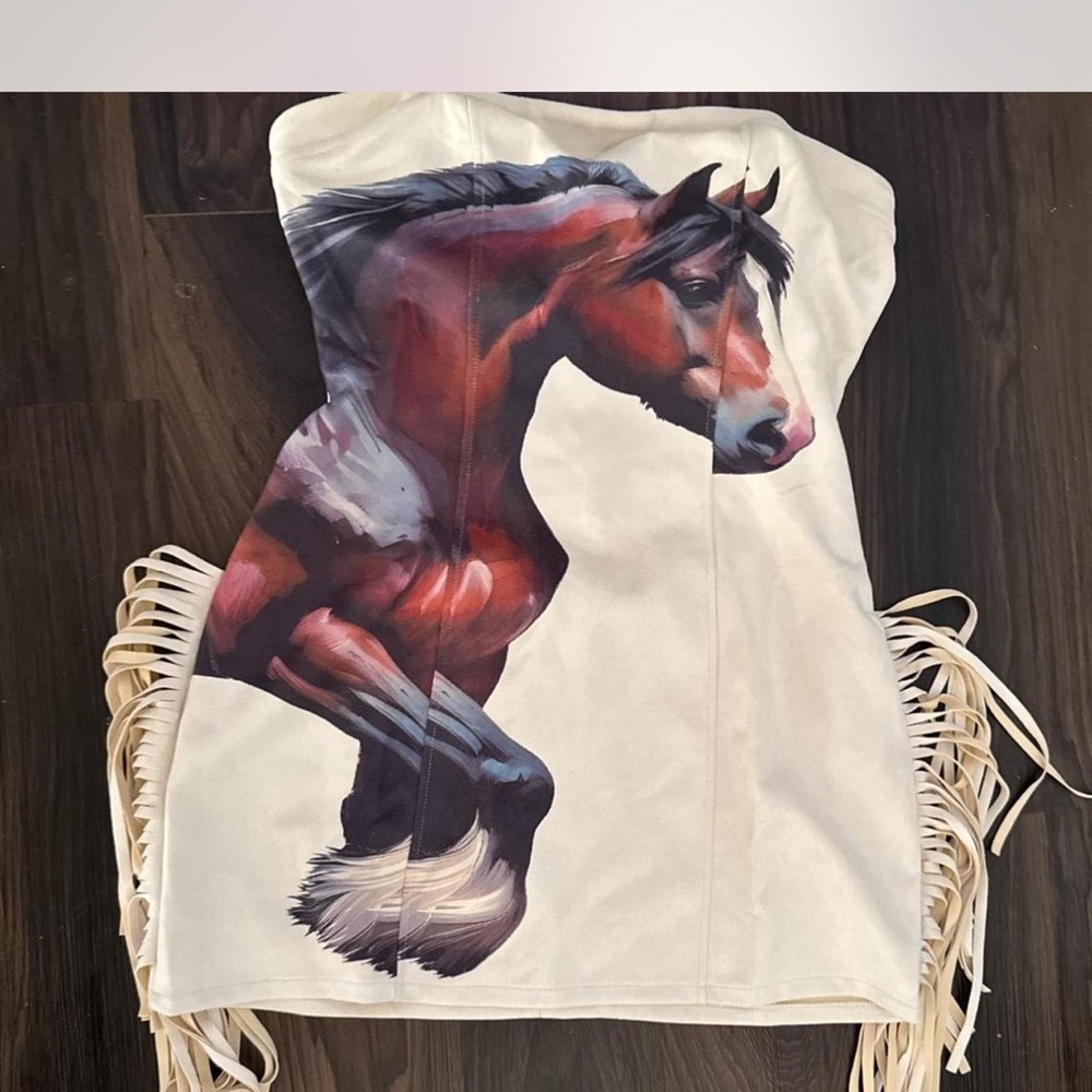 NWT Suede fringe Strapless horse printed Dress